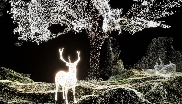 point cloud of a deer a tree with black background